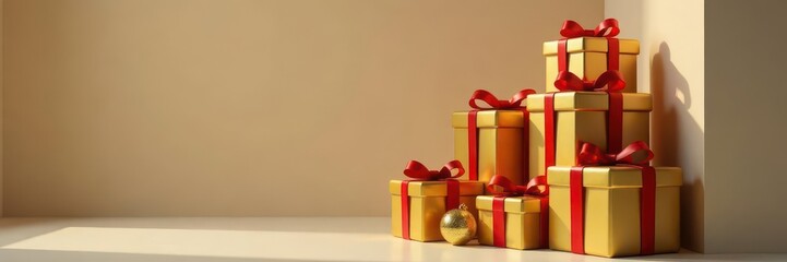 Obraz premium tall stack of golden Christmas gift boxes on a stairs, festive, stack, high