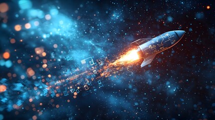 Rocket Launch in Space Futuristic Technology Digital Art Cosmic Environment Aerial View Innovation