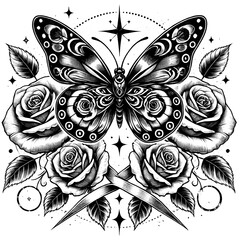 Butterfly tattoo with roses crossed sketch black and white