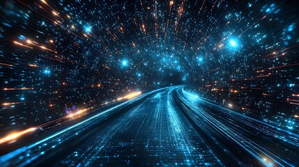 Dynamic Cosmic Journey Through a Digital Tunnel Virtual Space Motion Graphics Futuristic Wide Angle Technology Concept