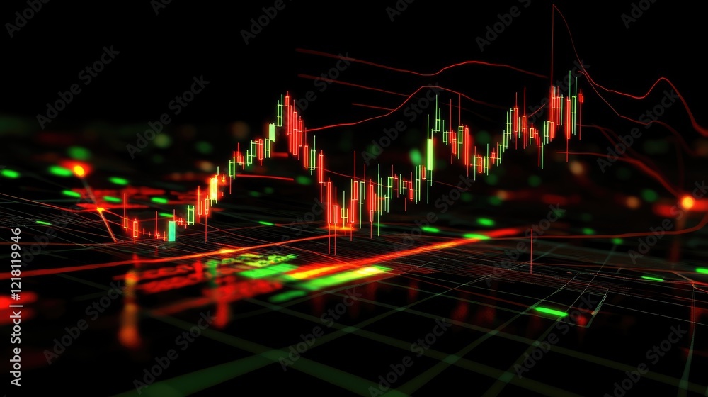 Aufkleber 3D rendering of a complex trading chart with glowing candles, data streams, and abstract infographics, representing the world of financial technology