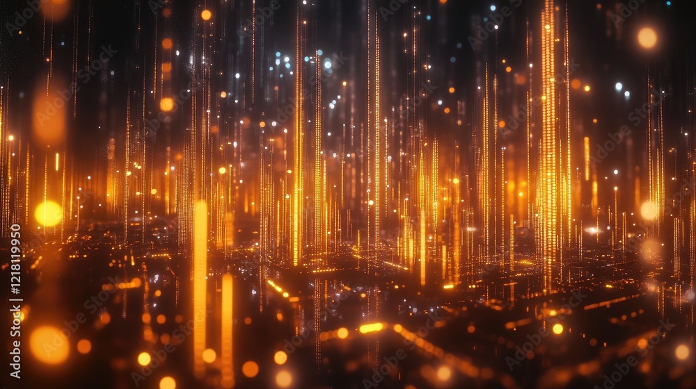 Poster 3D rendering of a complex trading chart with glowing candles, data streams, and abstract infographics, representing the world of financial technology