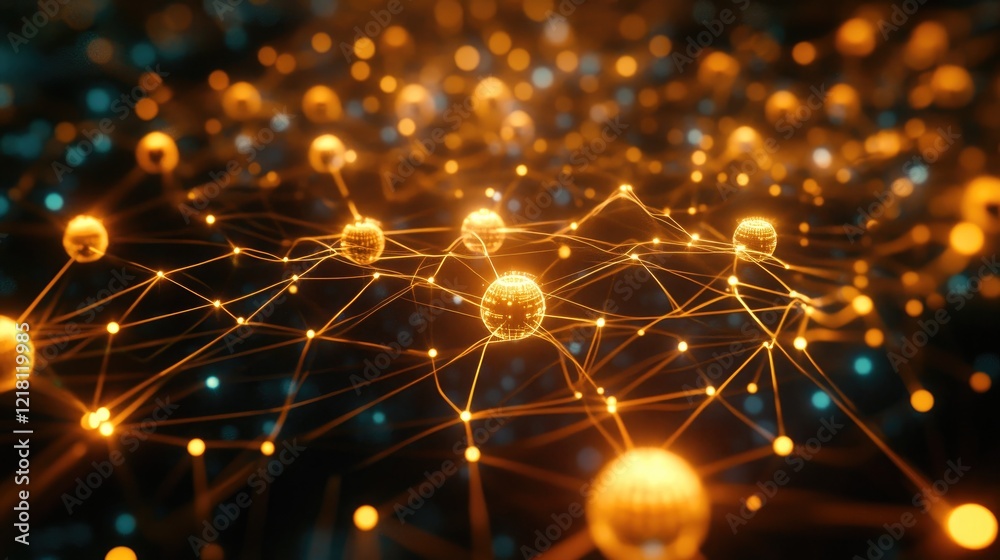 Poster a 3d cgi visualization of ai data cubes and spheres connected by glowing digital lines, symbolizing 