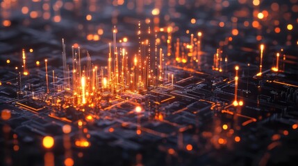 Obraz premium 3D rendering of a complex trading chart with glowing candles, data streams, and abstract infographics, representing the world of financial technology