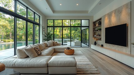 Naklejka premium Modern living room with large windows, sectional sofa, and entertainment center overlooking a pool.