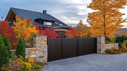 Autumnal house with dark gate and stone wall.