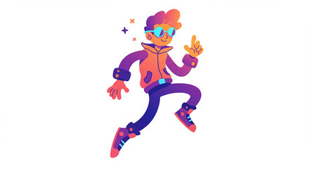 Energetic Cartoon Boy Running Jumping Gradient Colors Modern Illustration