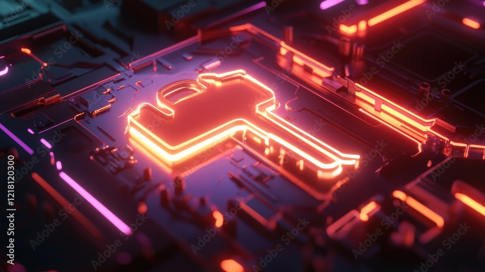 Aufkleber A 3D render of a digital key with a glowing lock, representing secure digital authentication and data protection in a futuristic tech environment