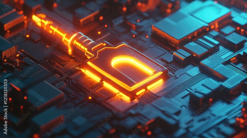 Aufkleber A 3D render of a digital key with a glowing lock, representing secure digital authentication and data protection in a futuristic tech environment
