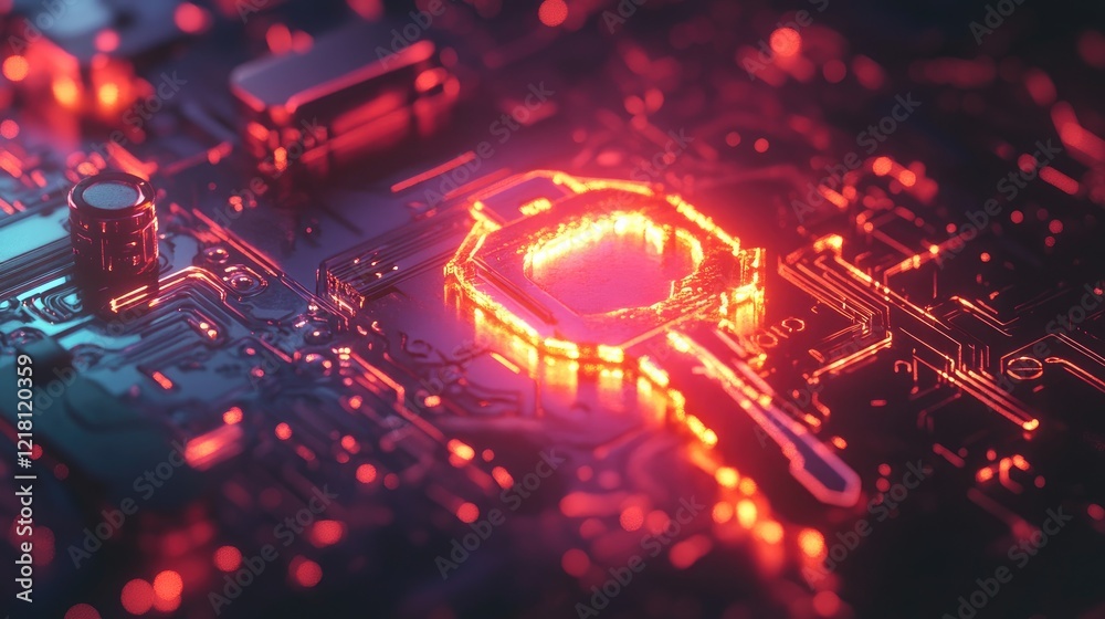 Poster A 3D render of a digital key with a glowing lock, representing secure digital authentication and data protection in a futuristic tech environment