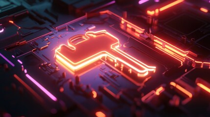 A 3D render of a digital key with a glowing lock, representing secure digital authentication and data protection in a futuristic tech environment