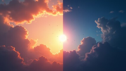 divided into two halves a different time of day half represents daytime warm sky orange pink hues fluffy clouds bright sun right half represents nighttime cool sky purple hues dark clouds  full moon
