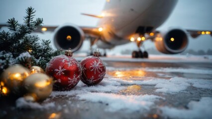 Festive Christmas Scene with Airplane in Snowy Night Setting