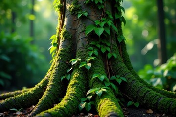 Fototapeta premium Trunk of coconut tree covered in vines and moss, leafy, moss