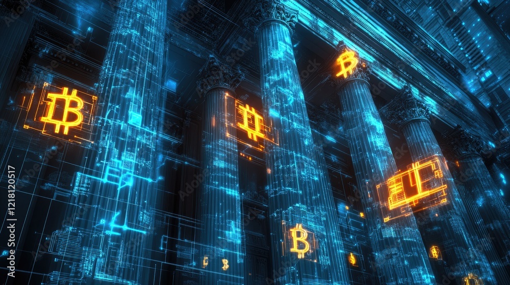 Poster A 3D render of CBDC technology with glowing digital currency symbols and blockchain connections, representing the future of government-backed digital money