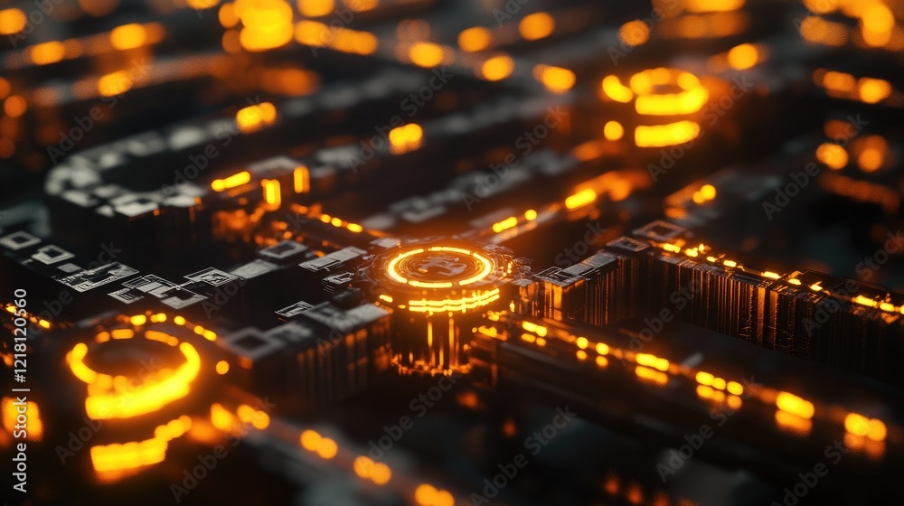 Poster A 3D render of CBDC technology with glowing digital currency symbols and blockchain connections, representing the future of government-backed digital money