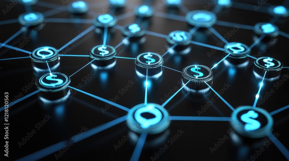 Poster A 3D render of CBDC technology with glowing digital currency symbols and blockchain connections, representing the future of government-backed digital money