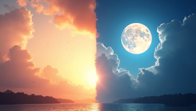 divided into two halves a different time of day half represents daytime warm sky orange pink hues fluffy clouds bright sun right half represents nighttime cool sky purple hues dark clouds  full moon