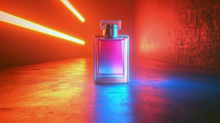 Neon Perfume: A Captivating Still Life of a Luxurious Fragrance Bottle in Vibrant Red and Blue Lighting