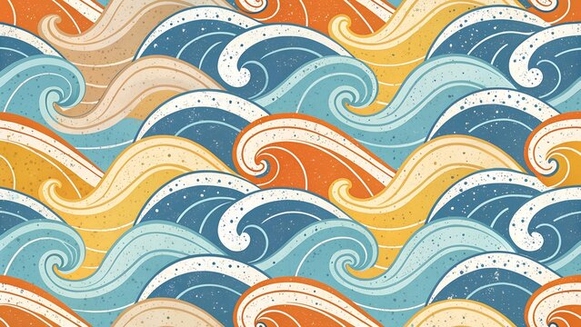 Wavy saigas seamless pattern. Blue, orange, yellow and white colors. Cute vintage print with grunge texture. Vector illustration.
