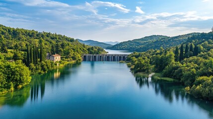 Obraz premium A breathtaking view of a hydroelectric dam generating sustainable energy, surrounded by lush greenery and tranquil waters, illustrating eco-friendly energy solutions for communities