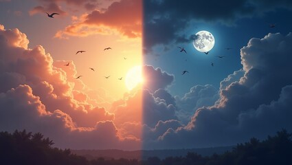 divided into two halves a different time of day half represents daytime warm sky orange pink hues fluffy clouds bright sun right half represents nighttime cool sky purple hues dark clouds  full moon