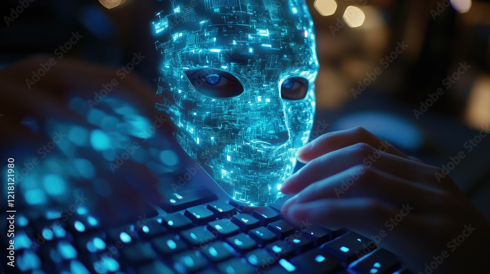 Poster a close-up of a suspicious hacker hands on a keyboard, with a glowing digital mask, symbolizing the 