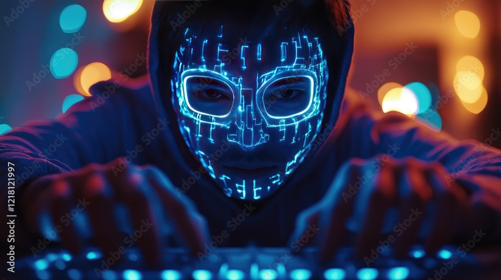 Poster a close-up of a suspicious hacker hands on a keyboard, with a glowing digital mask, symbolizing the 
