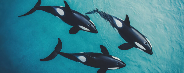 Orcas swimming gracefully in clear blue water, showcasing their striking black and white patterns