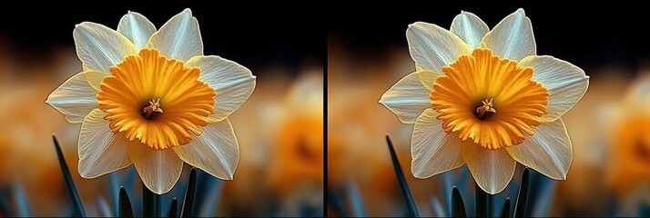 Close-up of two identical daffodils, showcasing vibrant yellow and white petals against a blurred background.
