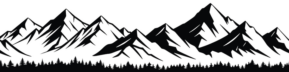 Silhouette mountain range and forest isolated on white background, seamless border, vector design