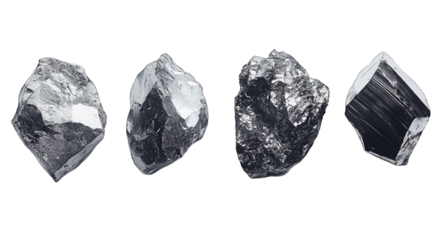 Four metallic crystals on black, potential design element