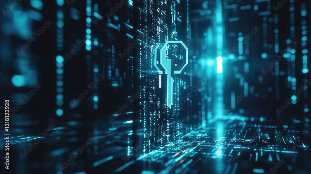 Aufkleber A concept image of a digital key unlocking secure data storage, symbolizing data authentication and protection in a high-tech digital world