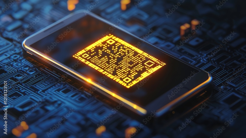 Poster A conceptual 3D image of a smartphone displaying a glowing yellow QR code, illustrating the future of payments and global communication services