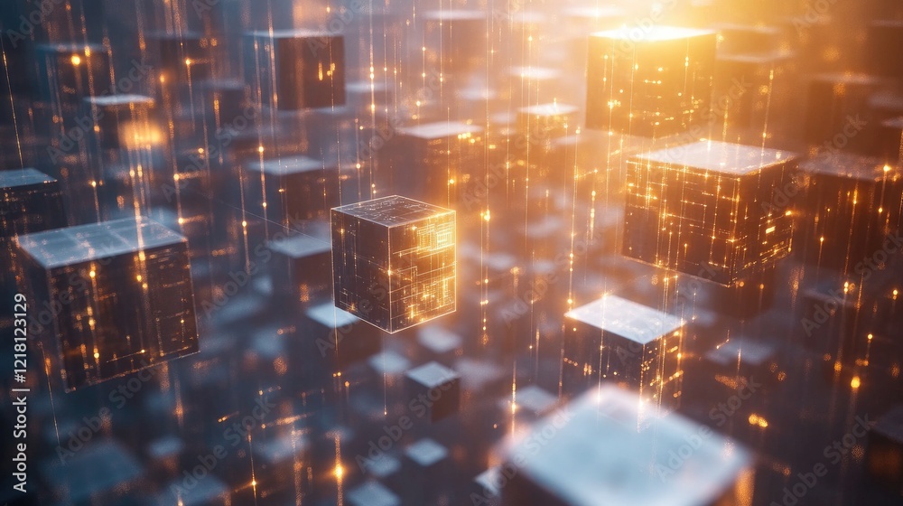 Poster A conceptual 3D image of AI data cubes and spheres floating in a digital space, interconnected by light beams, illustrating the power of modern AI systems