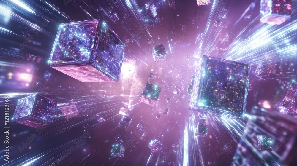 Poster A conceptual 3D image of AI data cubes and spheres floating in a digital space, interconnected by light beams, illustrating the power of modern AI systems