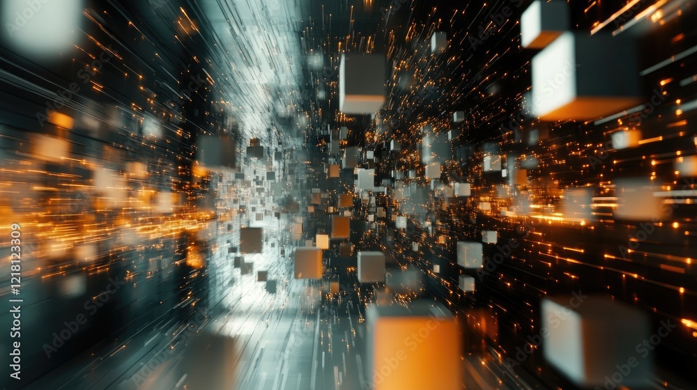 Poster A conceptual 3D scene with flying connected cubes in a digital space, illustrating AI technology and the flow of data through neural networks