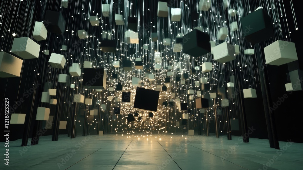 Poster A conceptual 3D scene with flying connected cubes in a digital space, illustrating AI technology and the flow of data through neural networks