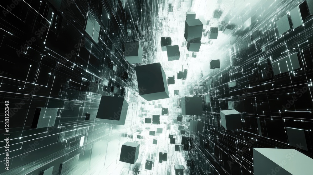 Poster A conceptual 3D scene with flying connected cubes in a digital space, illustrating AI technology and the flow of data through neural networks