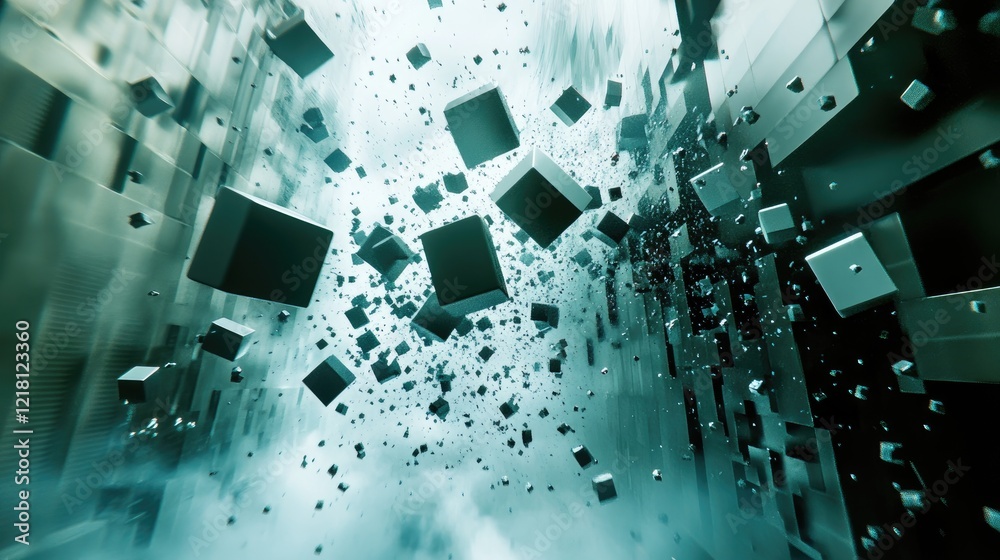 Poster A conceptual 3D scene with flying connected cubes in a digital space, illustrating AI technology and the flow of data through neural networks