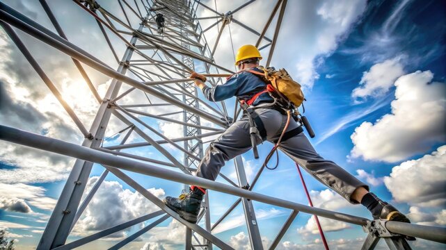 Worker in safety gear climbing a tall metal structure, a communication or electrical tower, set against a partly cloudy sky, emphasizing safety and the challenging work of tower climbers.