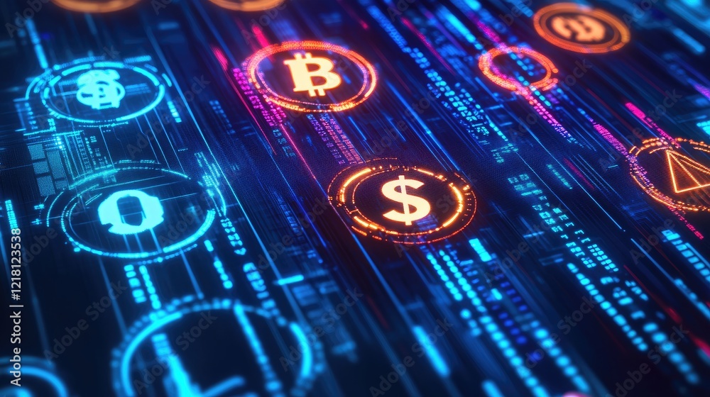 Aufkleber A conceptual image of fintech technology, with digital currencies and glowing financial symbols interconnected by data streams in a high-tech environment