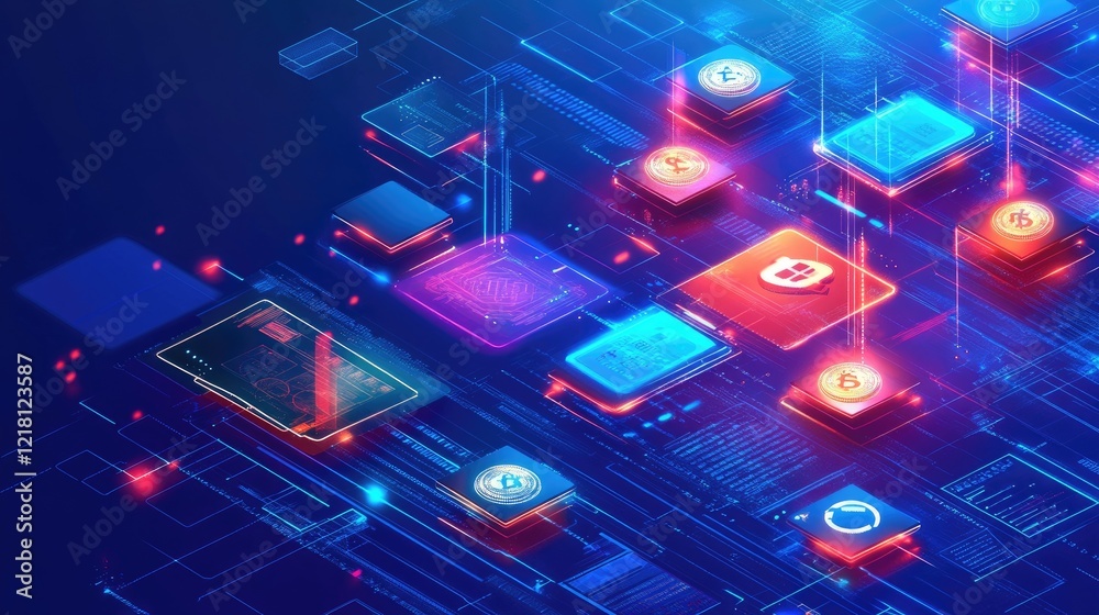 Poster a conceptual image of fintech technology, with digital currencies and glowing financial symbols inte