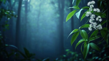 Obraz premium Misty Forest with White Blossoms