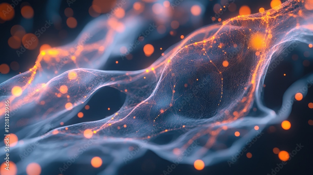 Poster A conceptual visualization of AGI unveiling new possibilities for data storage and processing, with glowing data streams and abstract digital patterns