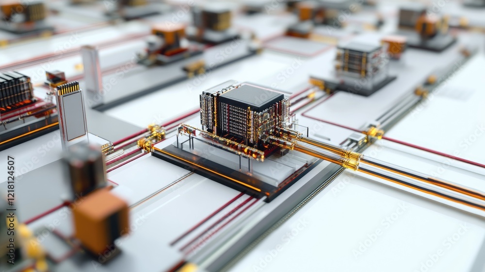 Poster a detailed 3d illustration of connected microchips with a complex circuit diagram, showcasing the te