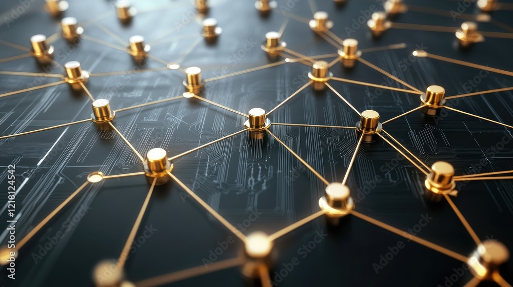 Poster a detailed 3d illustration of connected microchips with a complex circuit diagram, showcasing the te