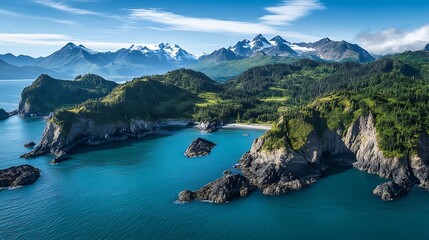 Aerial view of a coastal landscape with mountains, lush greenery, and clear blue waters.