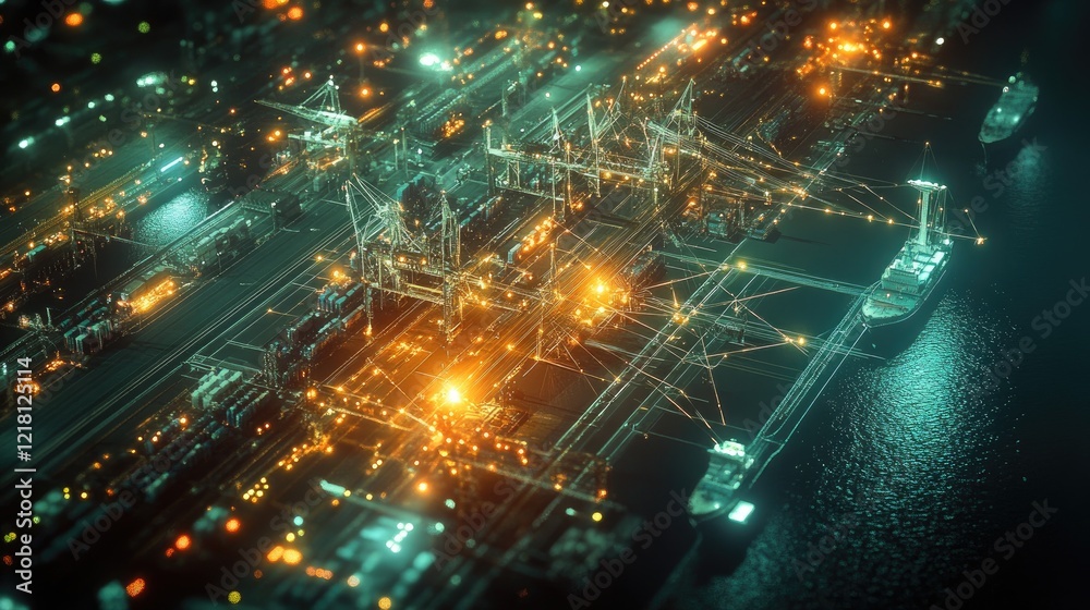 Poster a digital concept image showing an aerial view of a port with glowing lines connecting vessels, symb