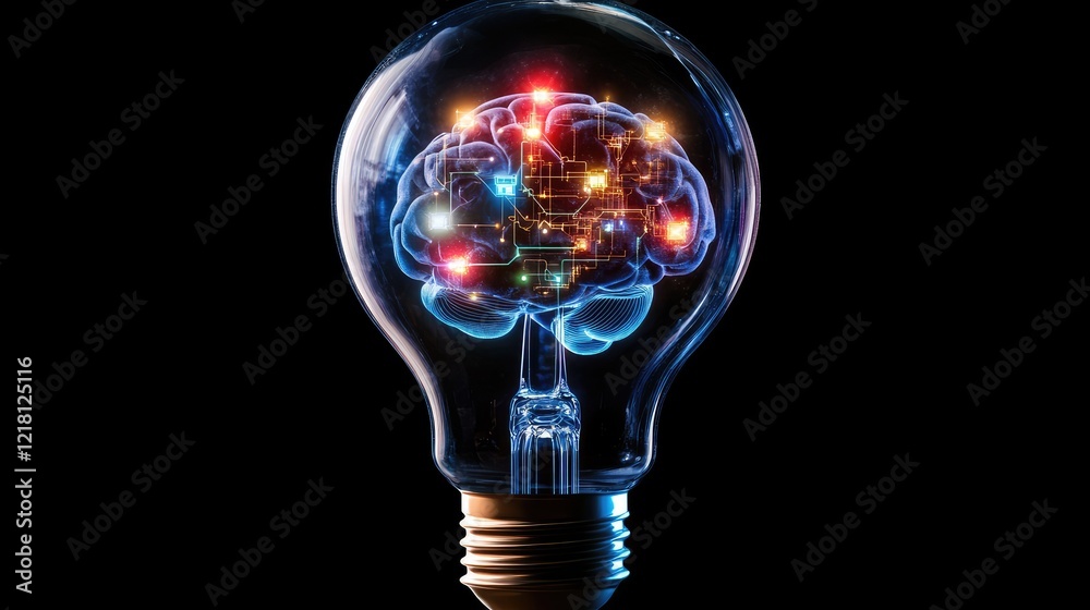 Poster A digital concept of a brain inside a light bulb, with illuminated AI circuits and data, representing the fusion of technology and intelligence in the modern world